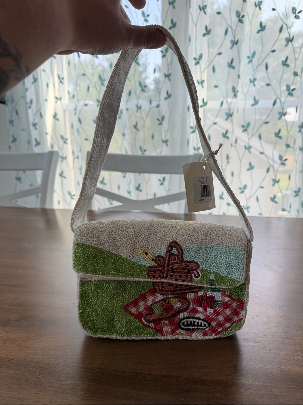 Hand-Beaded Picnic Motif Mini Shoulder Bag in Green and Cream